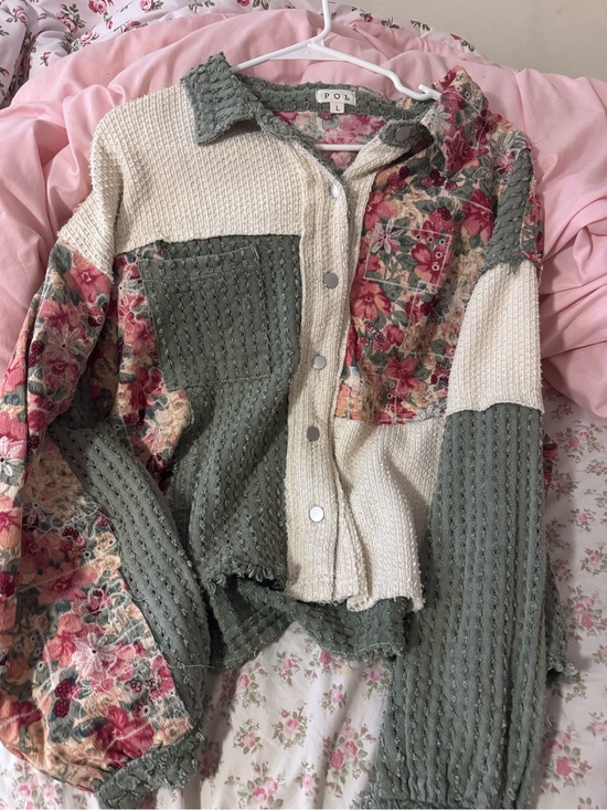 POL Jackets & Blazers - POL Patchwork Teddy Jacket in Olive, Cream & Pink Floral